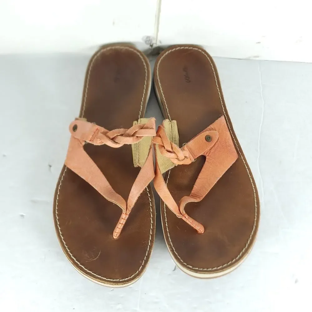 OLUKAI Women's Kahikolu US10 Corral Leather Braided Flip Flops Thong Sandals